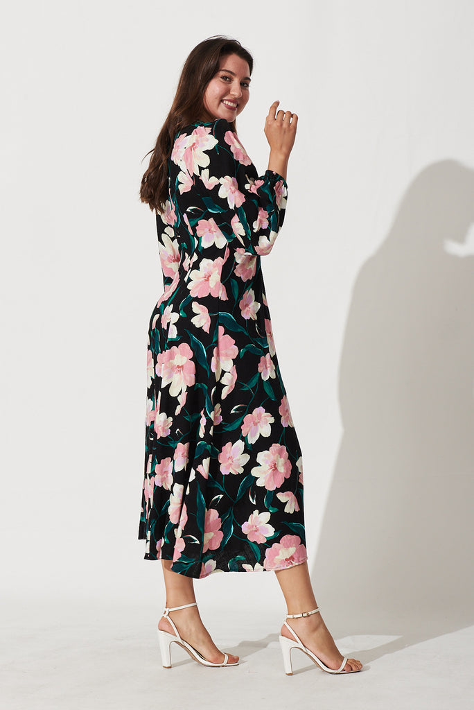 Edith Midi Dress In Black With Blush Floral Linen Blend - side