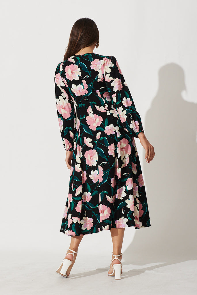Edith Midi Dress In Black With Blush Floral Linen Blend - back