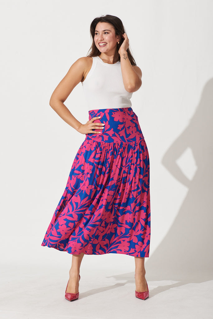 Cassandra Maxi Skirt In Blue With Hot Pink Floral - full length