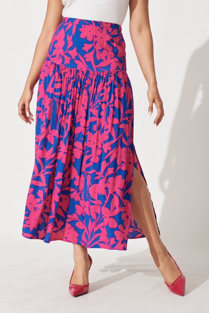 Cassandra Maxi Skirt In Blue With Hot Pink Floral - front