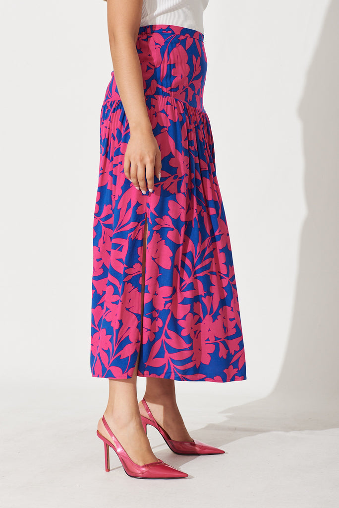 Cassandra Maxi Skirt In Blue With Hot Pink Floral - side