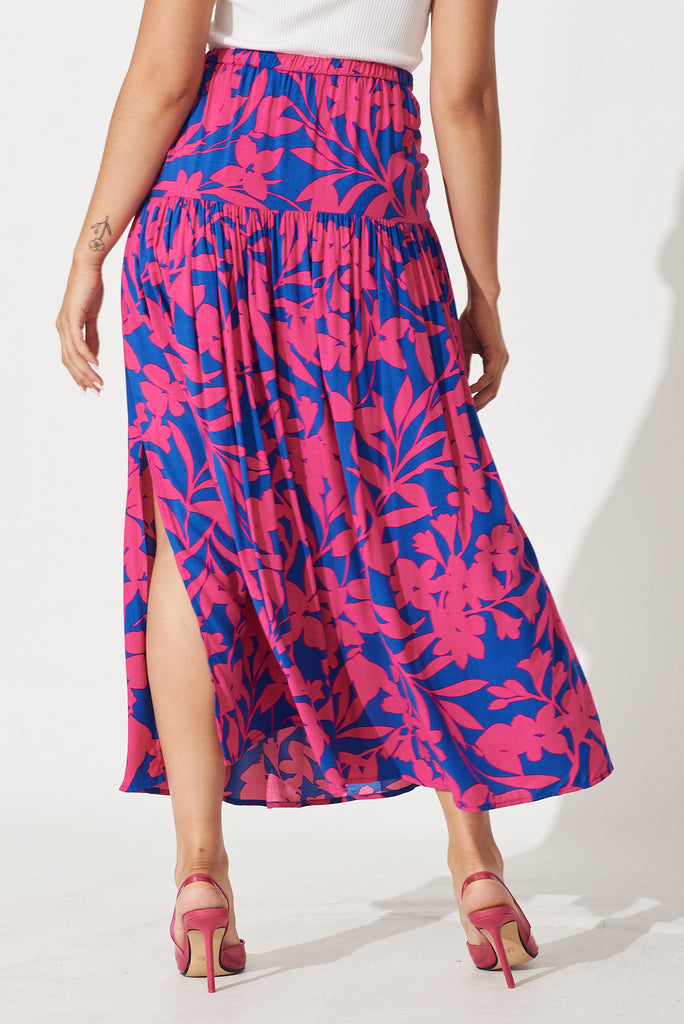 Cassandra Maxi Skirt In Blue With Hot Pink Floral - back