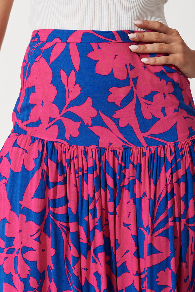 Cassandra Maxi Skirt In Blue With Hot Pink Floral - detail