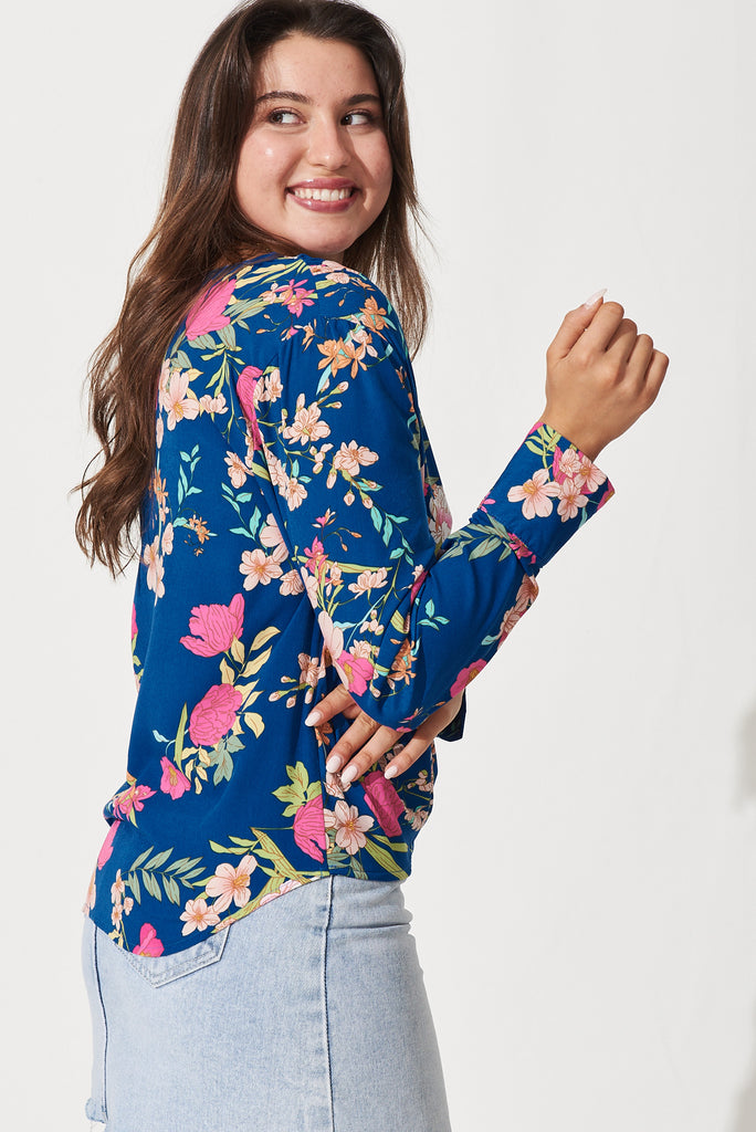 Gwyneth Mock Wrap Top In Blue With Pink Floral Print - side