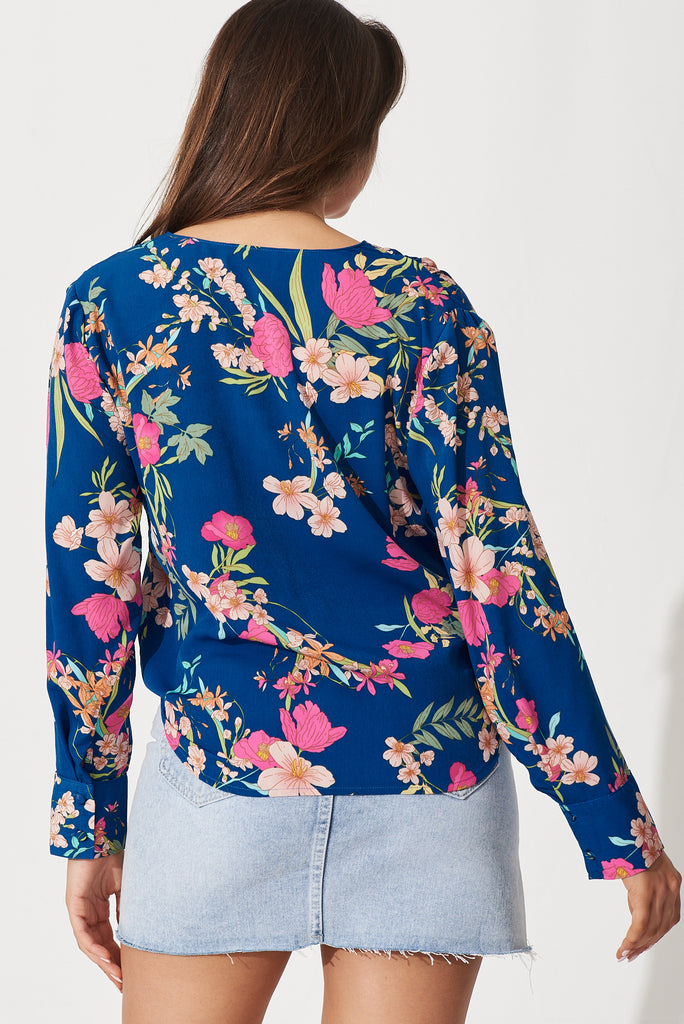 Gwyneth Mock Wrap Top In Blue With Pink Floral Print - back