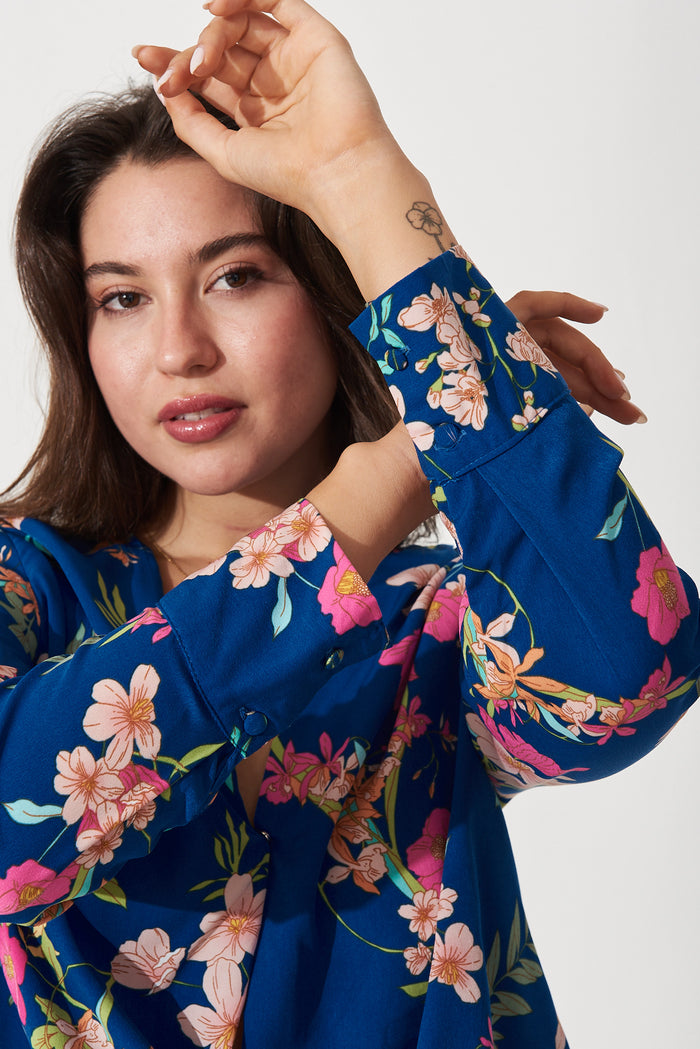 Gwyneth Mock Wrap Top In Blue With Pink Floral Print - detail