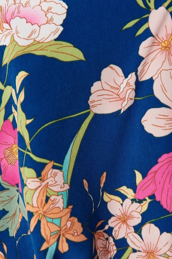 Gwyneth Mock Wrap Top In Blue With Pink Floral Print - fabric