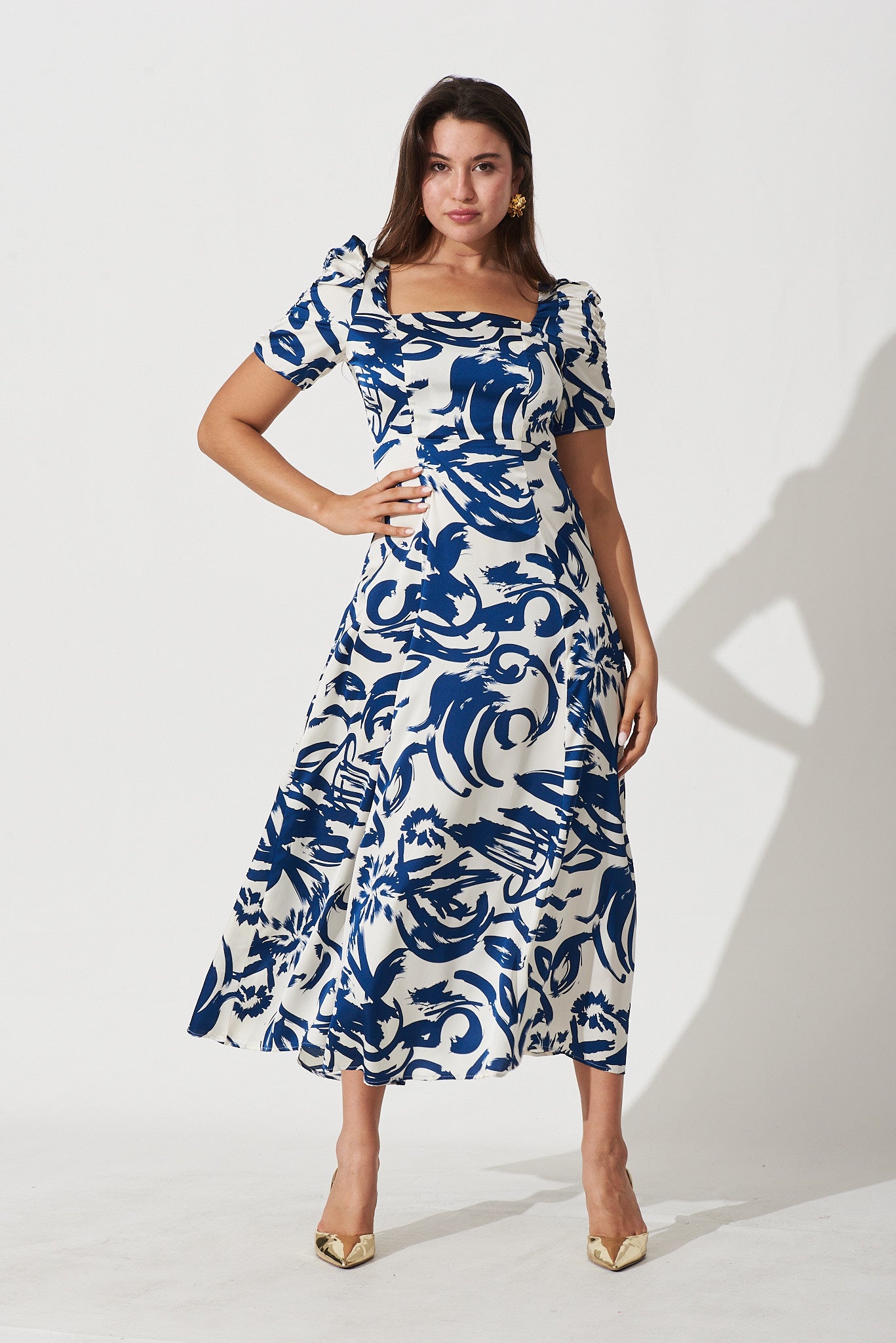 Sonia Maxi Dress In White With Navy Print - full length