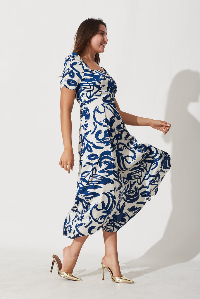 Sonia Maxi Dress In White With Navy Print - side