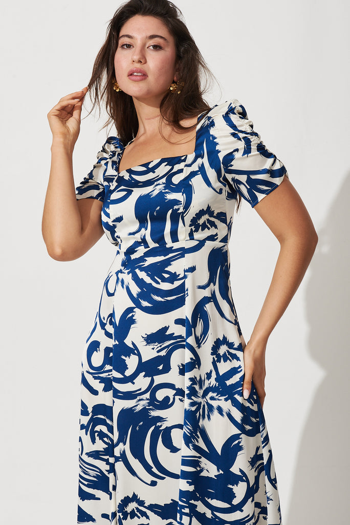 Sonia Maxi Dress In White With Navy Print - front