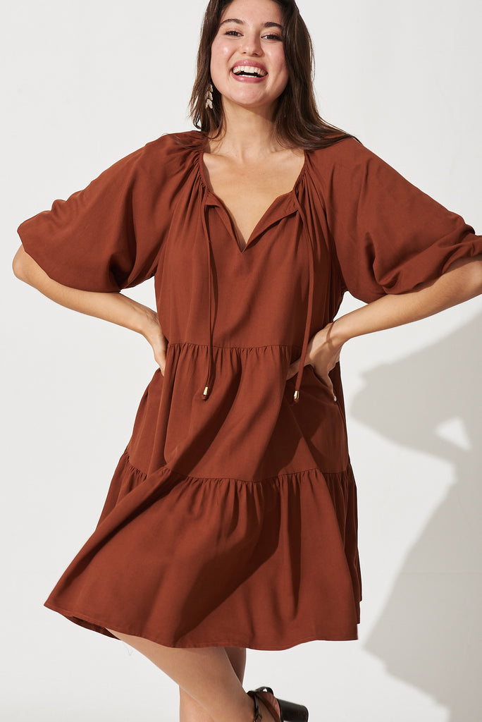Enamour Smock Dress In Chocolate - front