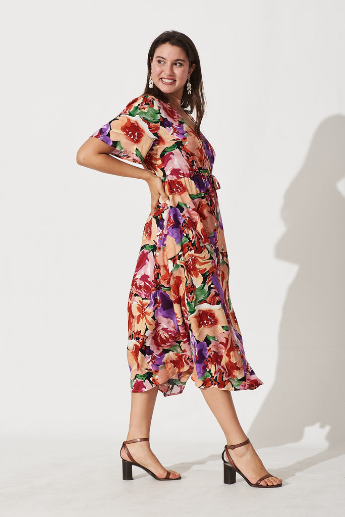 Melody Midi Dress In Pink With Purple Multi Floral - side