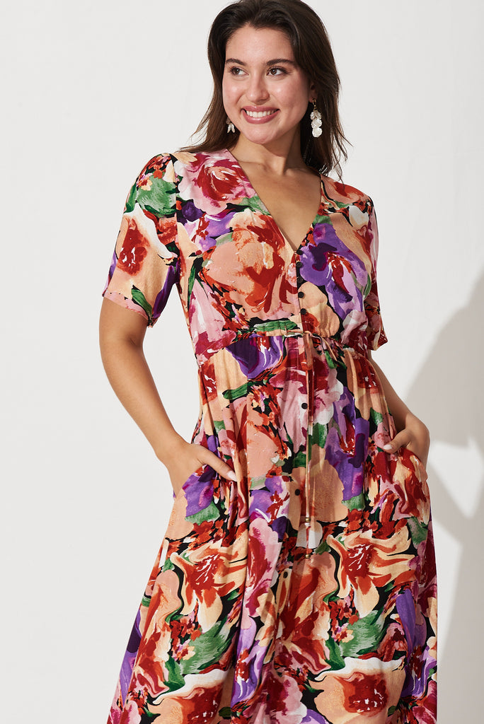 Melody Midi Dress In Pink With Purple Multi Floral - front