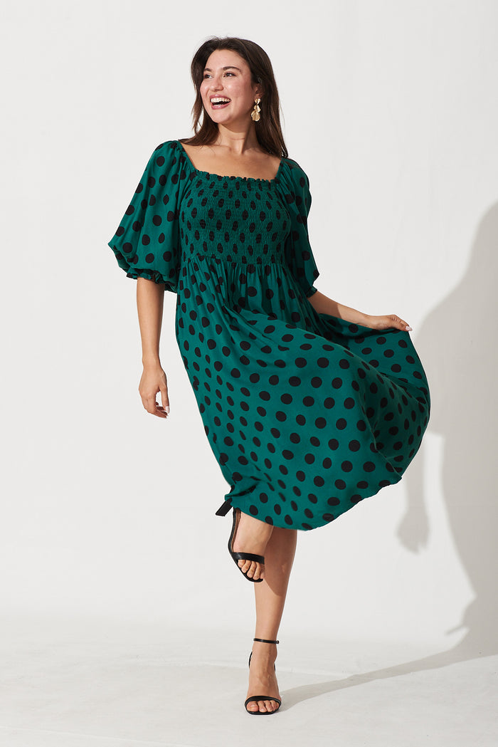 Everest Midi Dress In Teal With Black Spot Print - full length