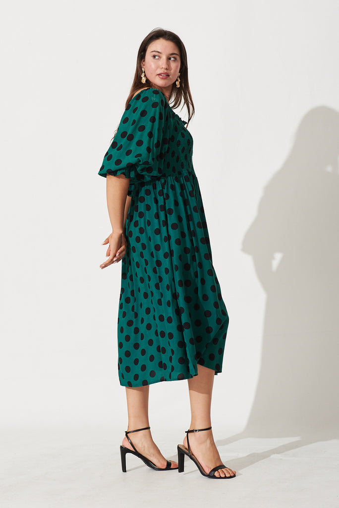 Everest Midi Dress In Teal With Black Spot Print - side