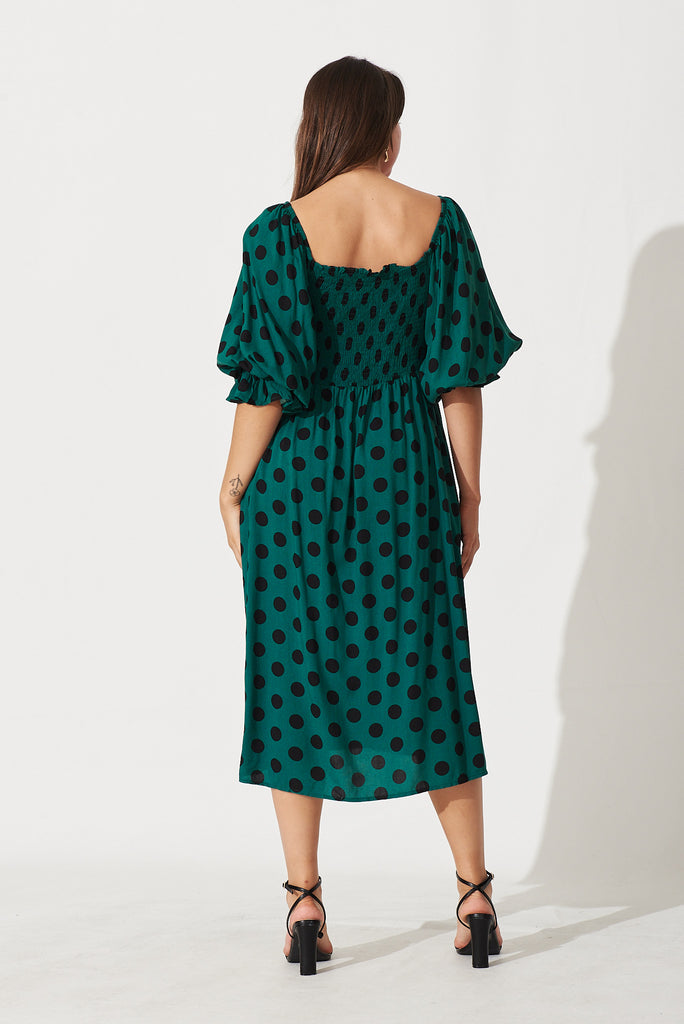 Everest Midi Dress In Teal With Black Spot Print - back