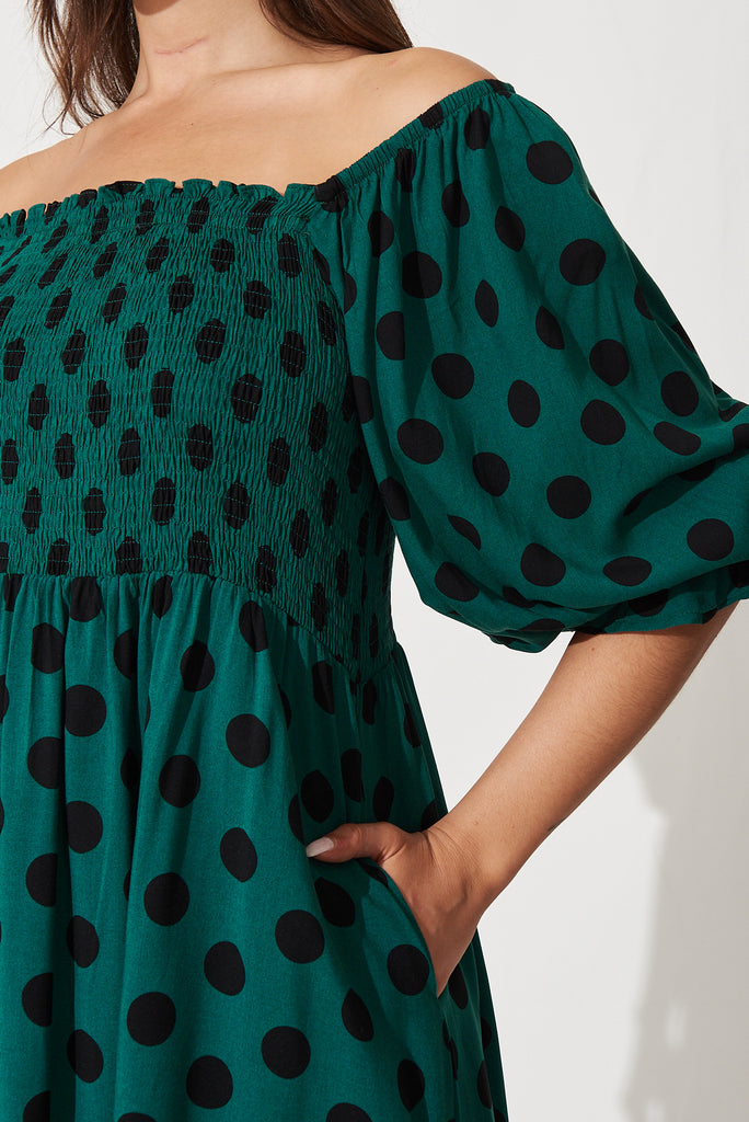 Everest Midi Dress In Teal With Black Spot Print - detail