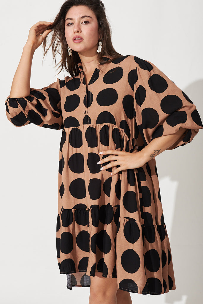 Pepper Smock Dress In Brown With Black Polka Dot - front