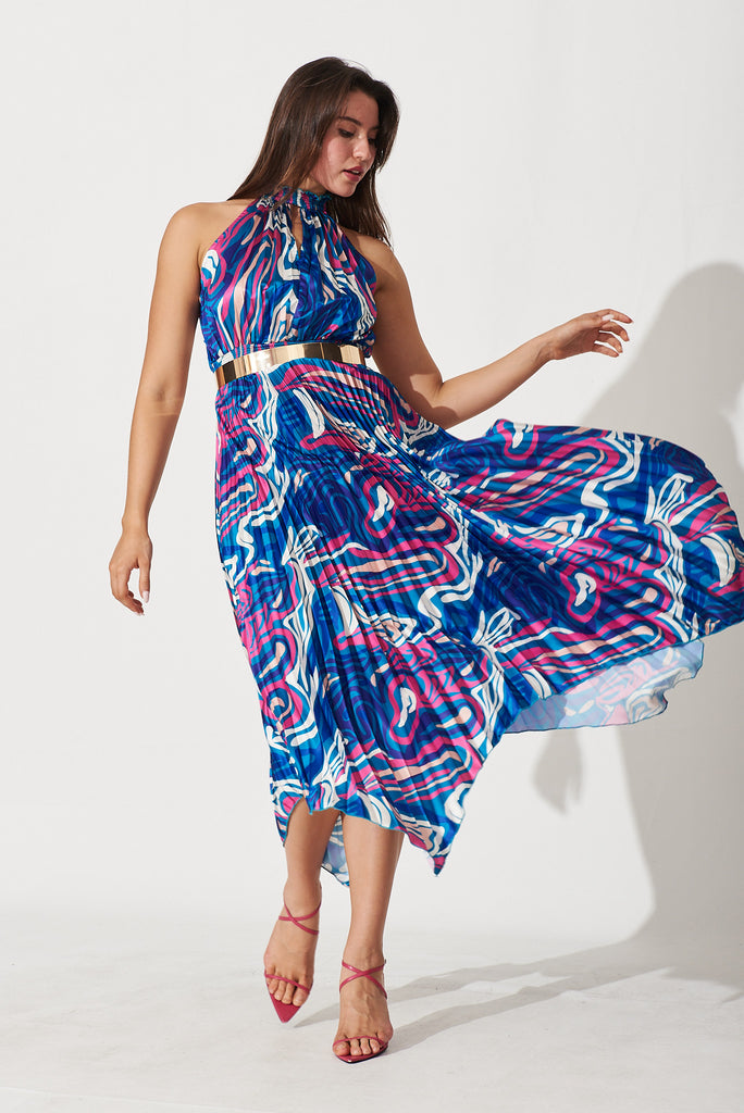 Lilo Maxi Dress In Blue With Pink Swirl Print Pleated Satin - full length