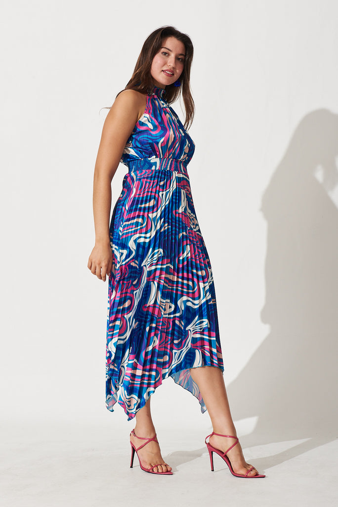 Lilo Maxi Dress In Blue With Pink Swirl Print Pleated Satin - side