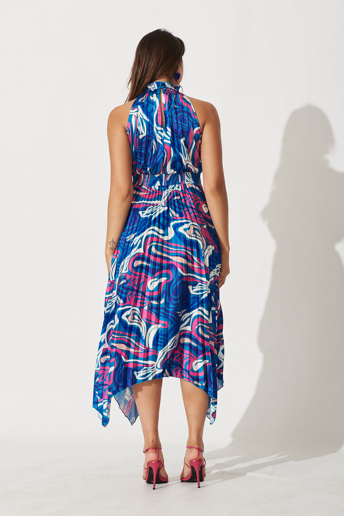 Lilo Maxi Dress In Blue With Pink Swirl Print Pleated Satin - back