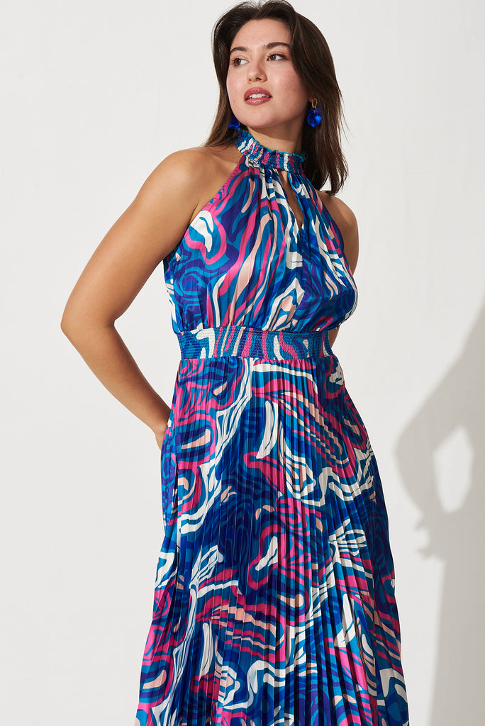 Lilo Maxi Dress In Blue With Pink Swirl Print Pleated Satin - front