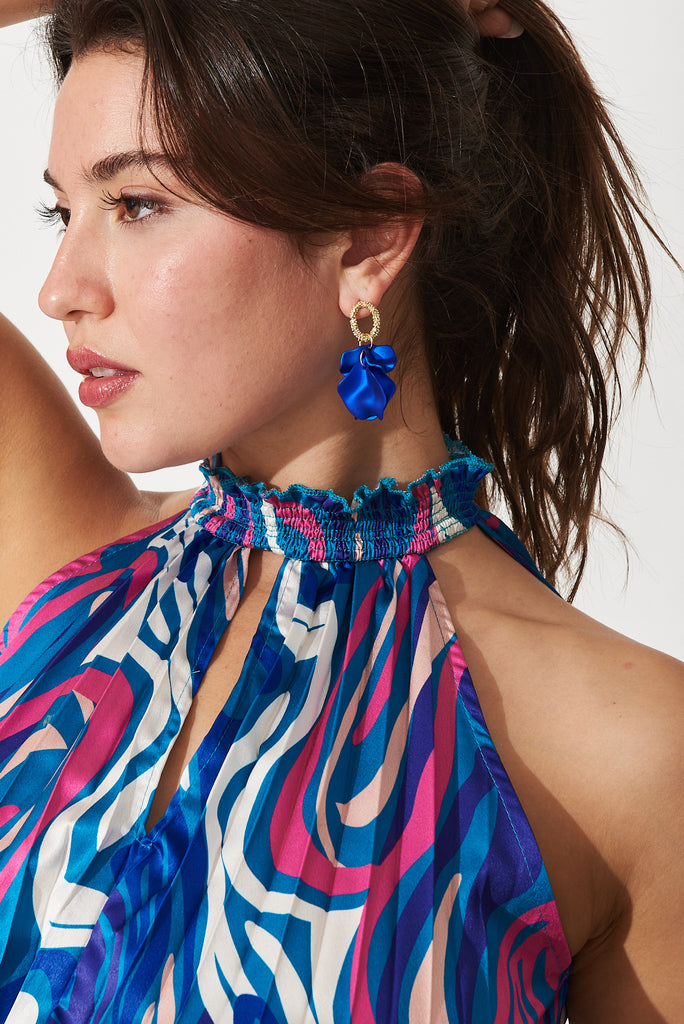 Lilo Maxi Dress In Blue With Pink Swirl Print Pleated Satin - detail
