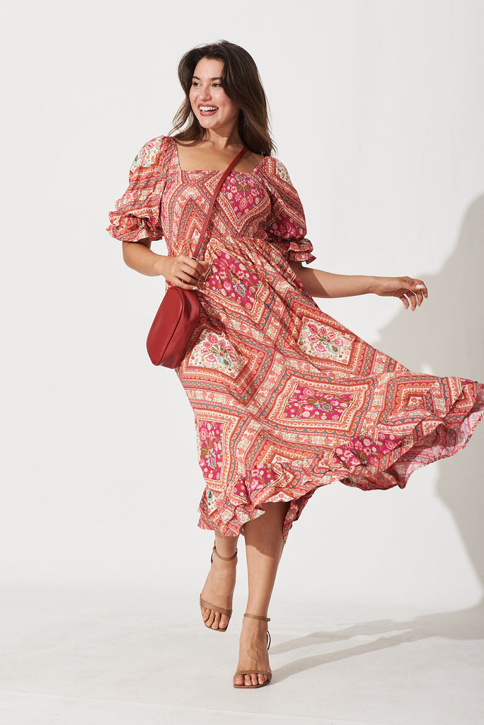 Ever Midi Dress In Coral With Floral Tile Print - full length