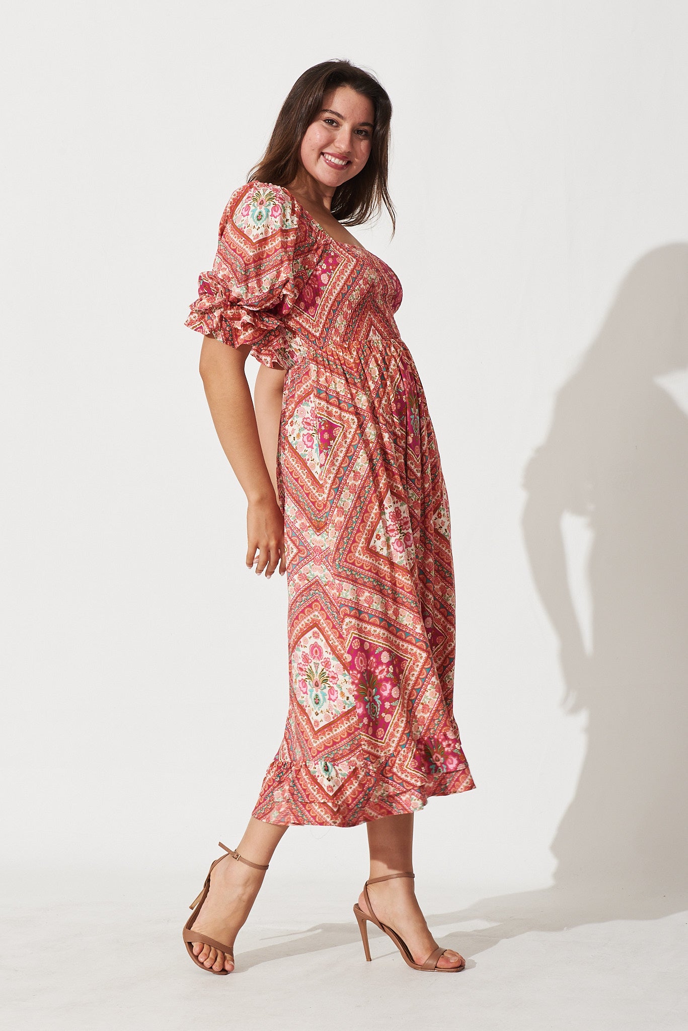 Ever Midi Dress In Coral With Floral Tile Print St Frock