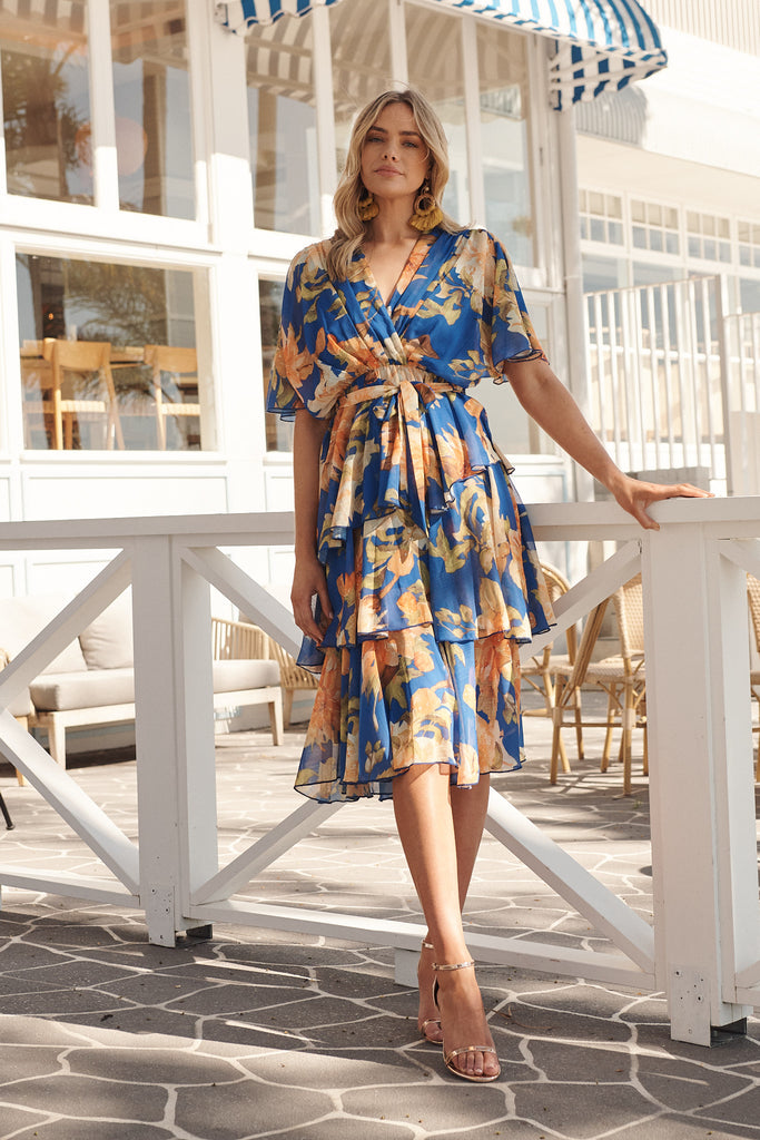 Mindy Midi Dress In Cobalt Blue With Apricot Floral Chiffon