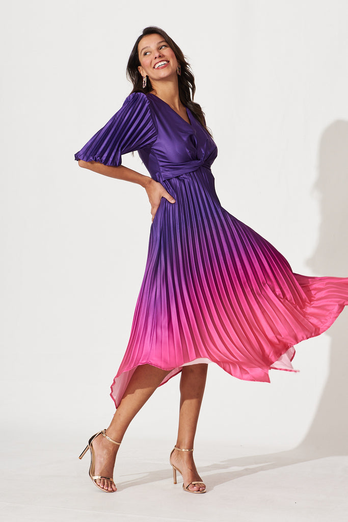 Florence Midi Dress In Purple Ombre Pleated Satin - full length