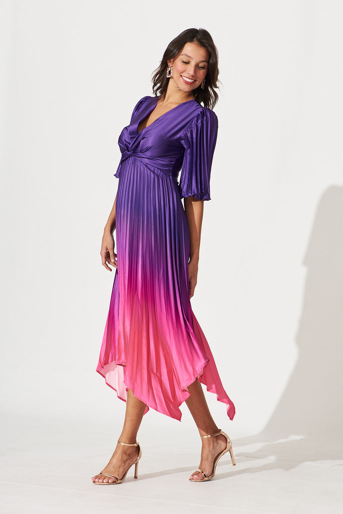 Florence Midi Dress In Purple Ombre Pleated Satin - side