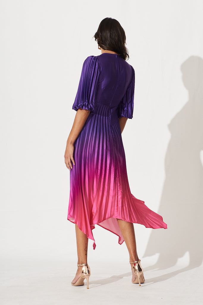 Florence Midi Dress In Purple Ombre Pleated Satin - back