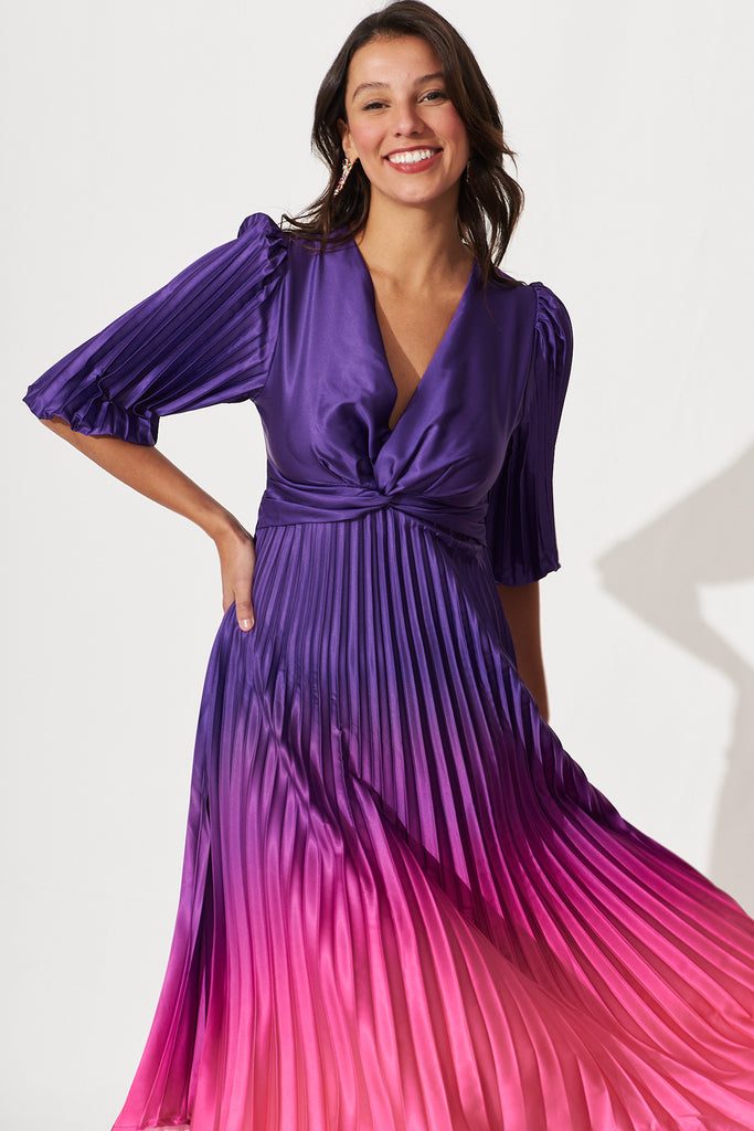 Florence Midi Dress In Purple Ombre Pleated Satin - front