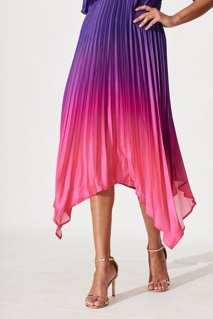 Florence Midi Dress In Purple Ombre Pleated Satin - detail
