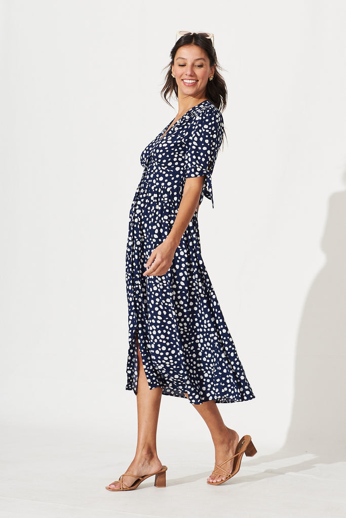 Akari Midi Dress In Navy With White Speckle - side