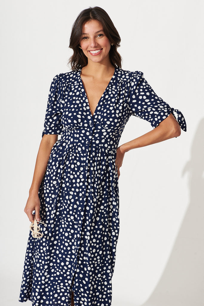 Akari Midi Dress In Navy With White Speckle - front
