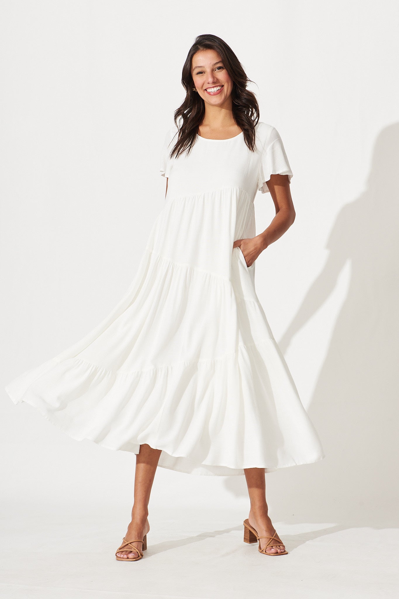 Louisiana Midi Smock Dress In White Linen Blend - full length