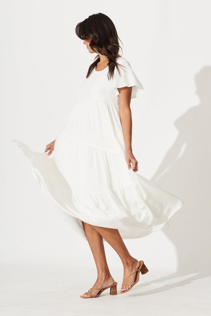 Louisiana Midi Smock Dress In White Linen Blend - full length