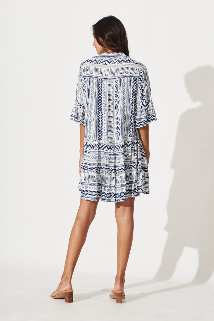 Tesoro Smock Dress In White With Blue Print - back