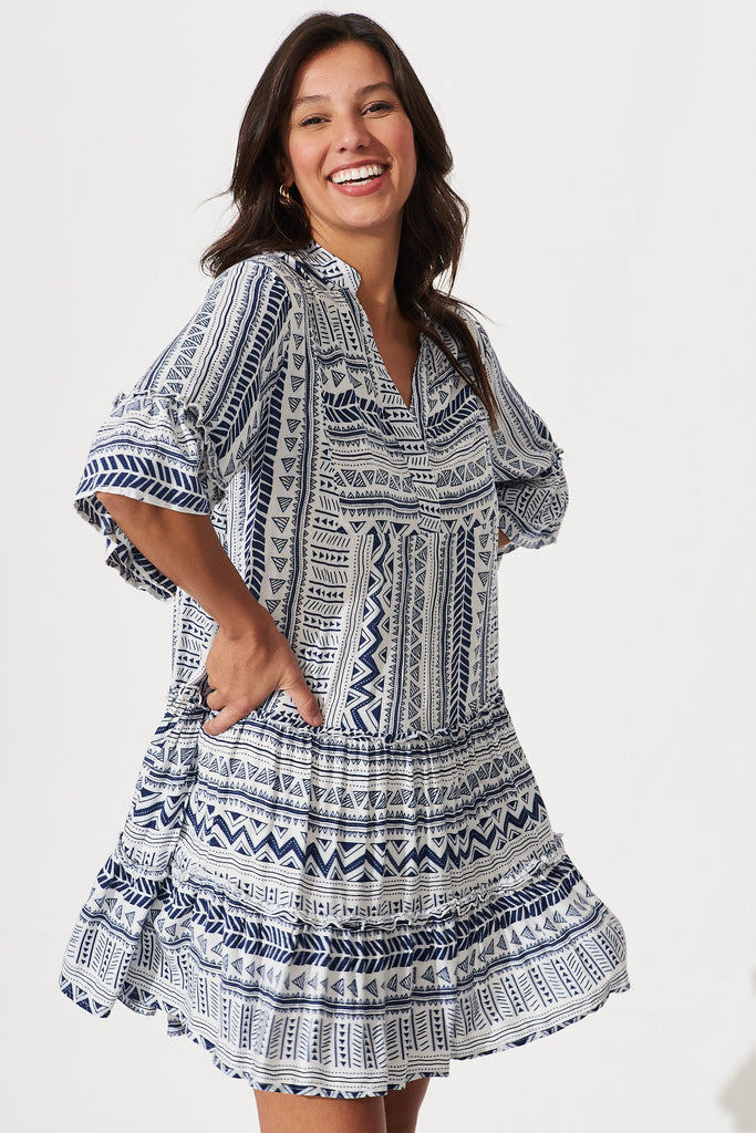 Tesoro Smock Dress In White With Blue Print - front