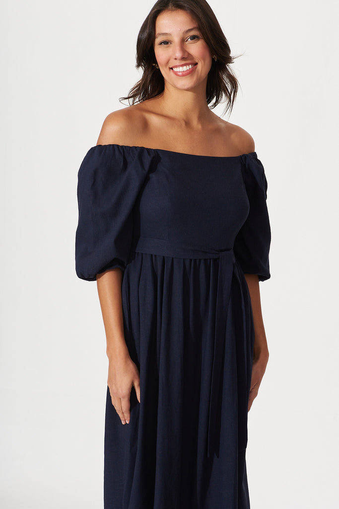 Darly Midi Dress In Navy Linen Blend - front