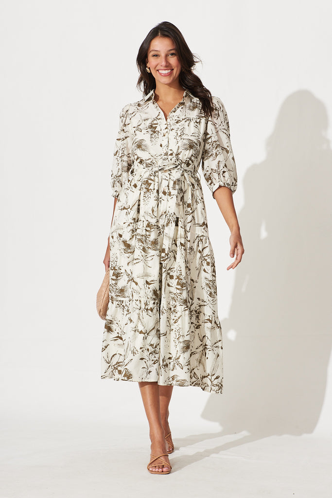 Pearla Midi Dress In Cream With Khaki Leaf Print Cotton - full length