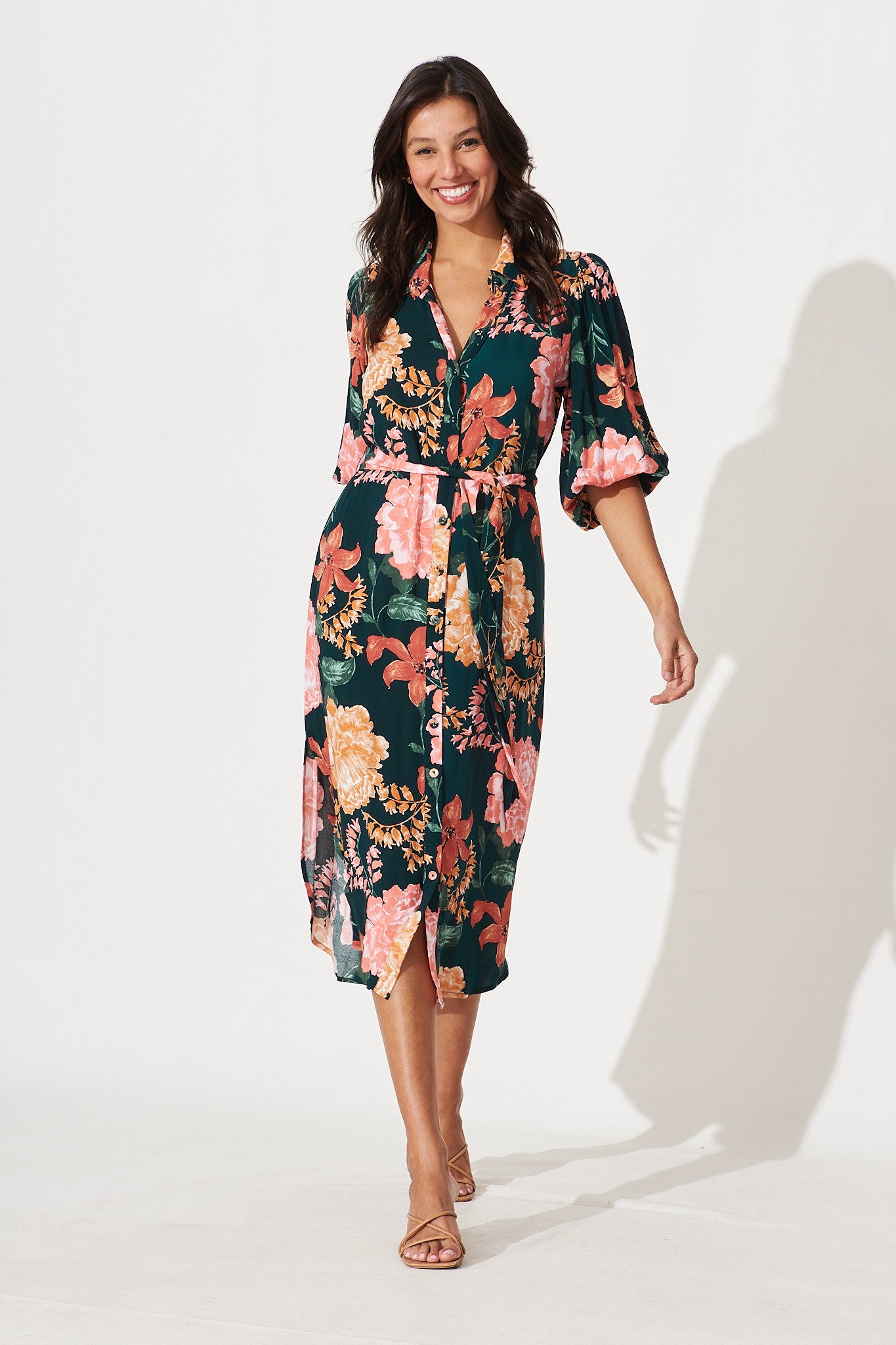 Francy Midi Shirt Dress In Emerald With Apricot Floral - full length