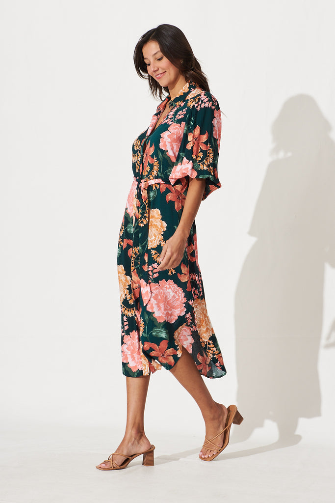 Francy Midi Shirt Dress In Emerald With Apricot Floral - side