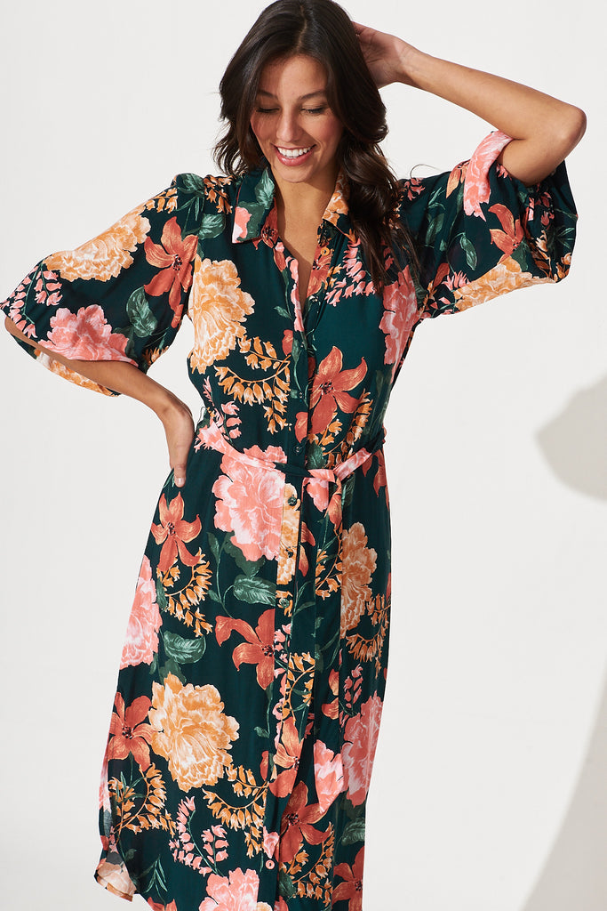 Francy Midi Shirt Dress In Emerald With Apricot Floral - front