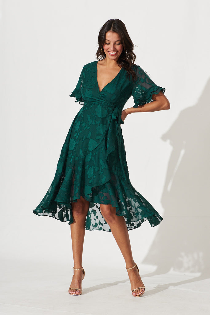 Felicidad Midi Wrap Dress In Emerald Chiffon - full length