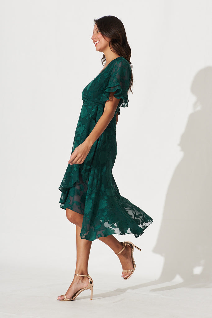 Felicidad Midi Wrap Dress In Emerald Chiffon - side