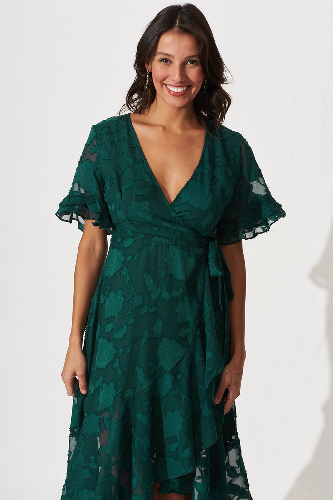 Felicidad Midi Wrap Dress In Emerald Chiffon - front