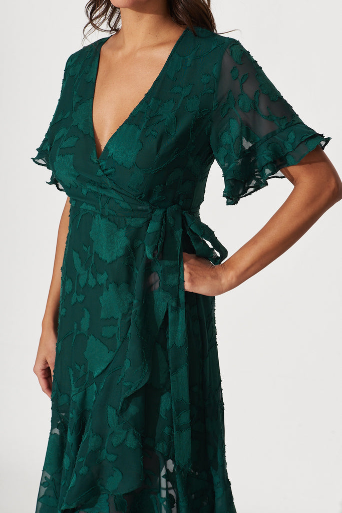 Felicidad Midi Wrap Dress In Emerald Chiffon - detail